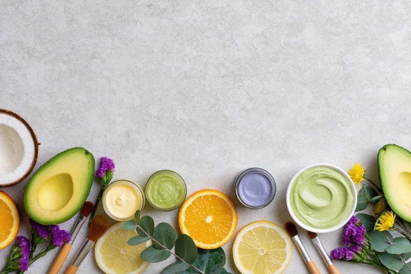 Natural skincare ingredients and products arranged in a flat lay on a textured white surface with copyspace