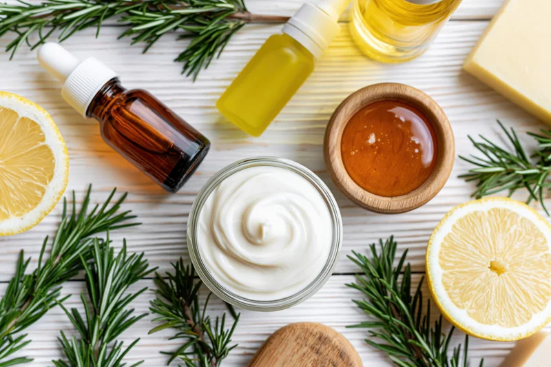 Natural skincare ingredients arranged on a white wooden surface with lemon, rosemary, honey, and cream in jars and bottles