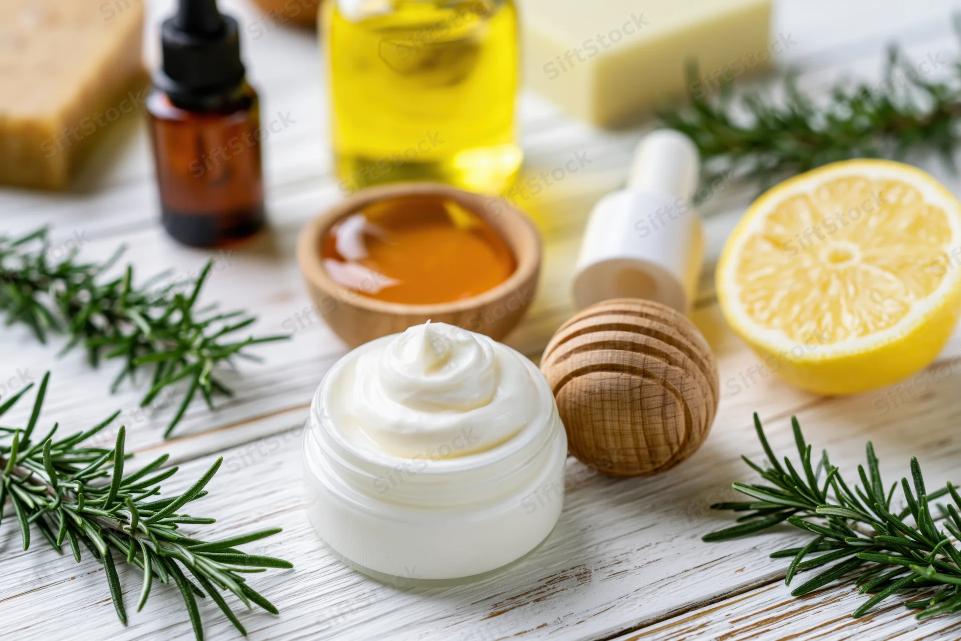 Natural skincare ingredients arranged on a white wooden table in flat lay style