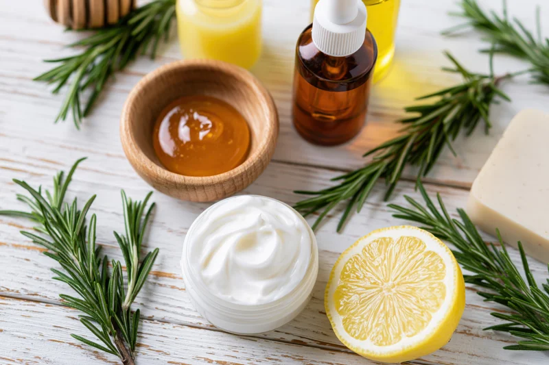 Natural skincare ingredients including rosemary, lemon, honey, cream, and soap arranged in flat lay on white wooden table