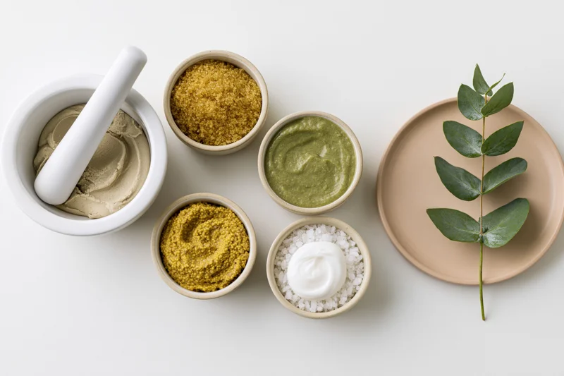 Flat lay of skincare ingredients arranged on a white background