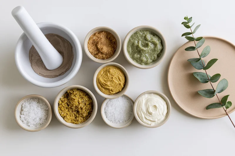 Natural skincare ingredients arranged in small bowls with mortar and pestle on white surface