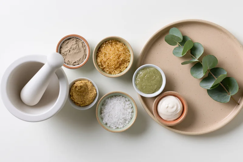 Natural skincare ingredients arranged on a white surface with mortar and pestle, ceramic bowls, and eucalyptus leaf
