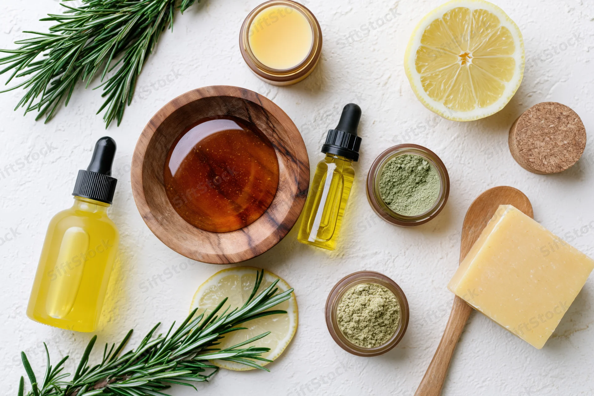 Natural skincare ingredients arranged on white surface with rosemary, lemon, honey, and soap