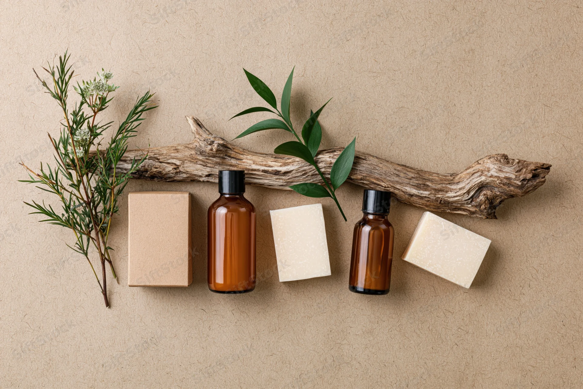 Natural skincare products arranged in a row with botanicals and driftwood on textured beige surface