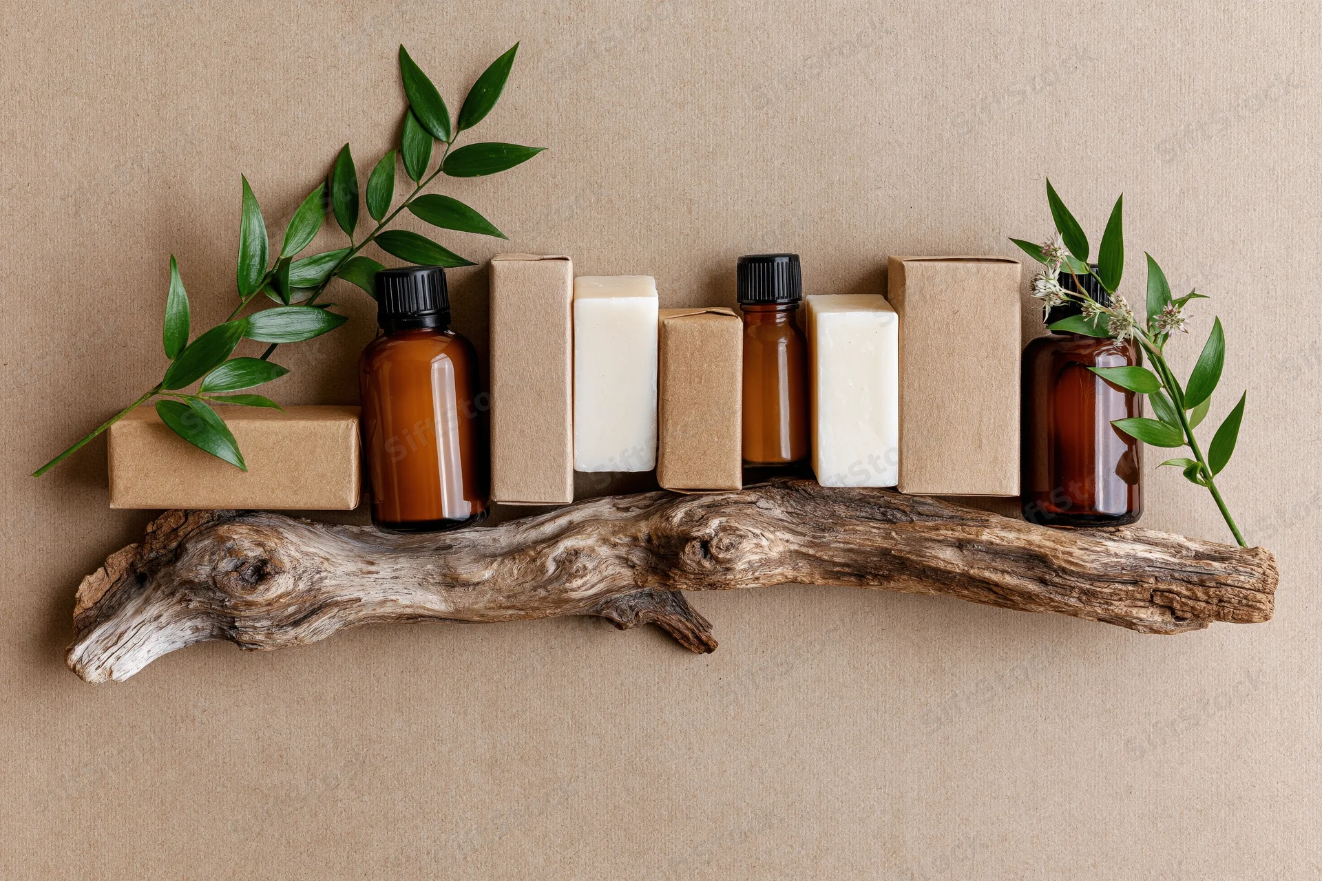 Natural skincare products arranged in a row on a driftwood shelf with green leaves and cardboard boxes