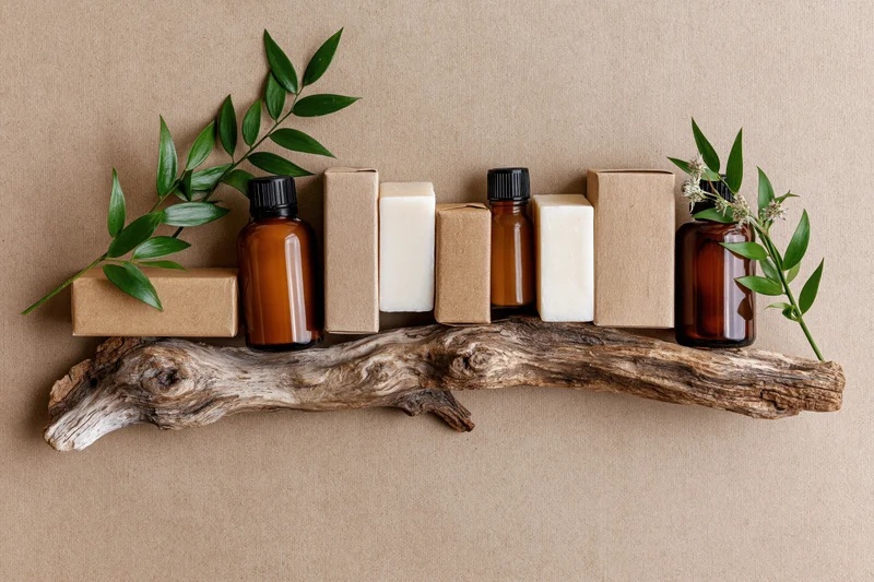 Natural skincare products arranged in a row on a driftwood shelf with green leaves and cardboard boxes