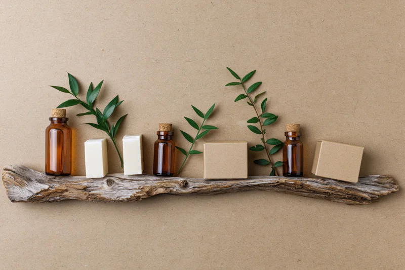 Natural skincare products arranged in a row on a driftwood shelf with green leaves and cardboard boxes