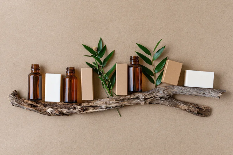 Natural skincare products arranged in a row on driftwood against beige background