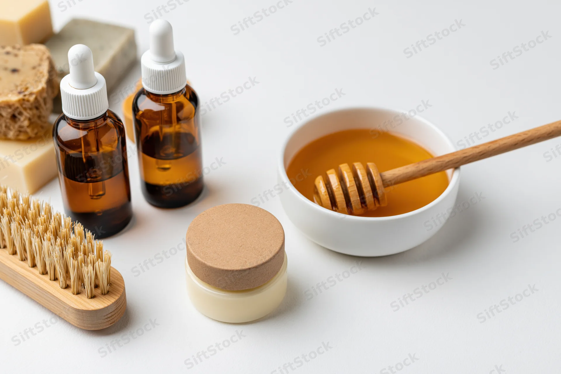 Natural skincare products arranged in flat lay on white surface with honey, soap, brush and bottles