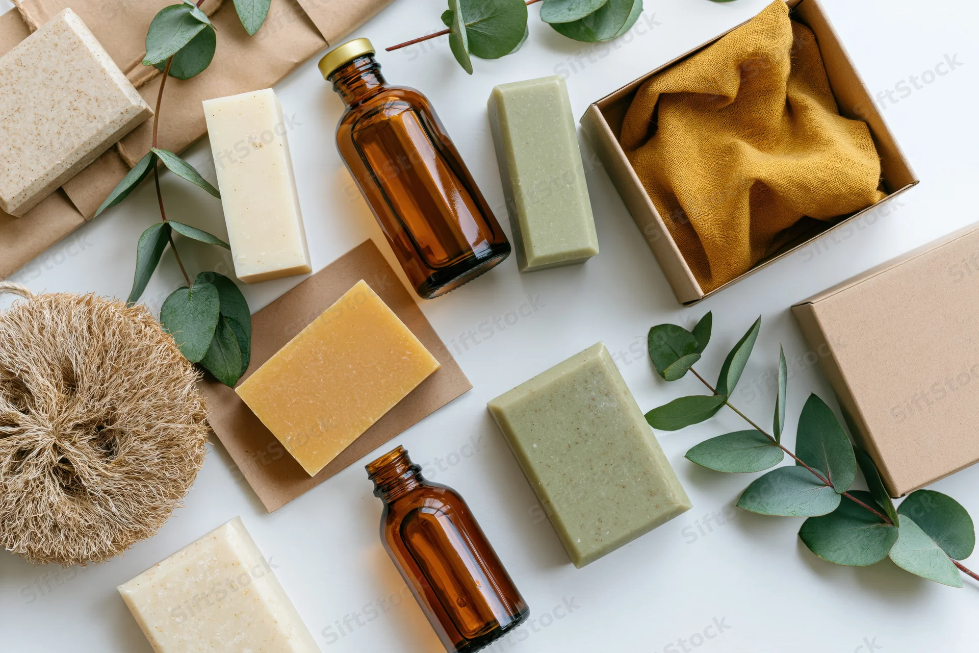 Natural skincare products arranged in flat lay on white surface with eucalyptus leaves and eco packaging