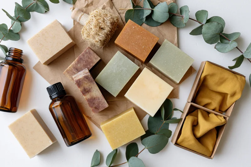 Natural skincare products arranged in flat lay on white surface with eucalyptus leaves and amber bottles