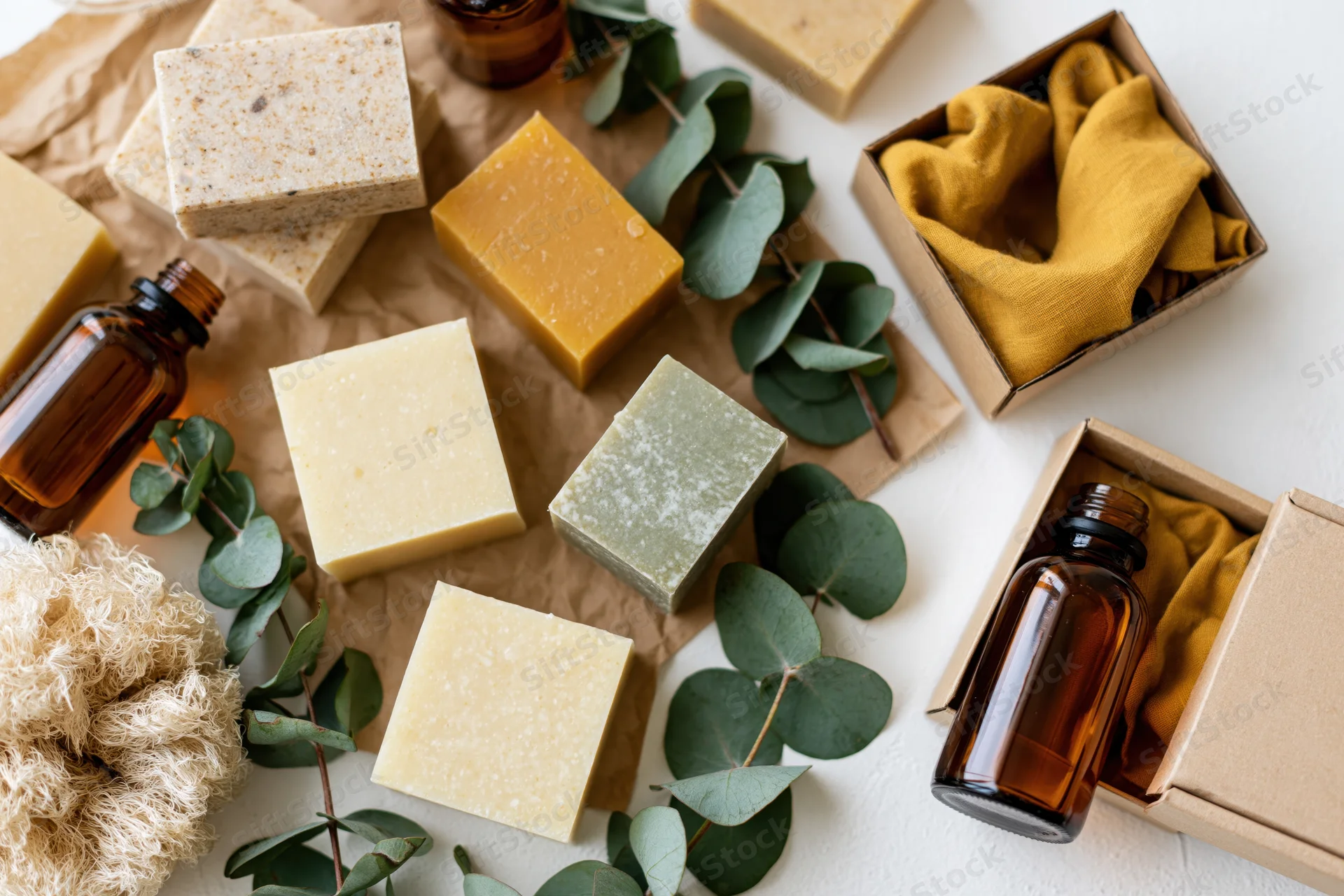 Natural skincare products arranged in flat lay with soap bars, essential oil bottles, eucalyptus leaves, and gift boxes on white surface