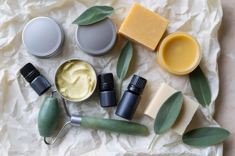 Natural skincare products arranged on crumpled paper in flat lay overhead view