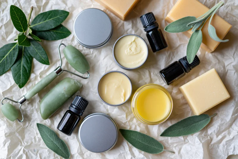 Natural skincare products arranged on crumpled white paper with herbs and tools