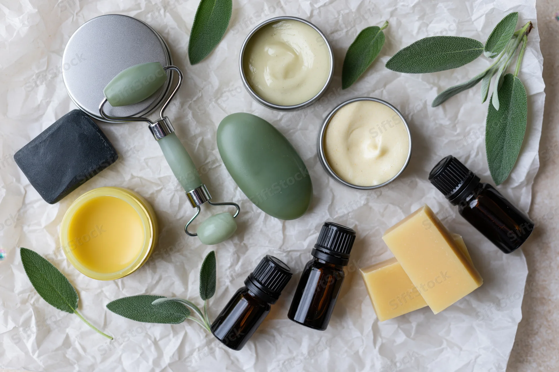 Natural skincare products arranged on crumpled white paper with sage leaves and essential oil bottles