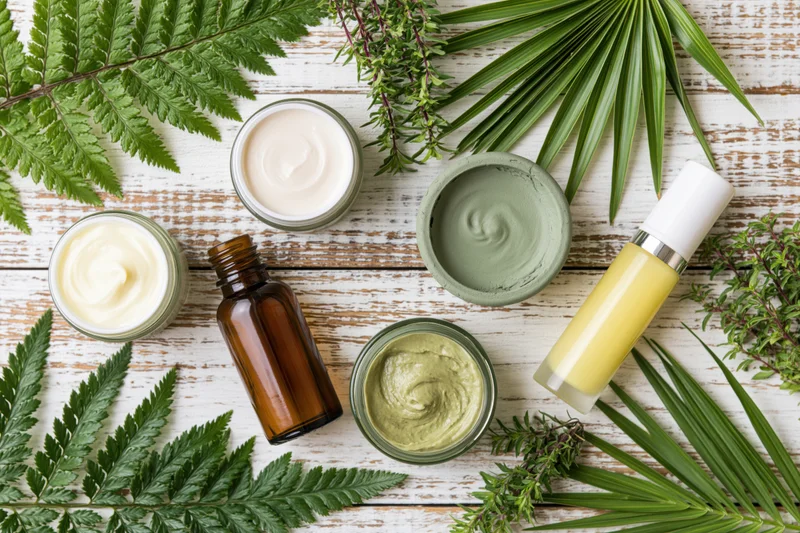 Natural skincare products arranged with green leaves on a white wooden surface