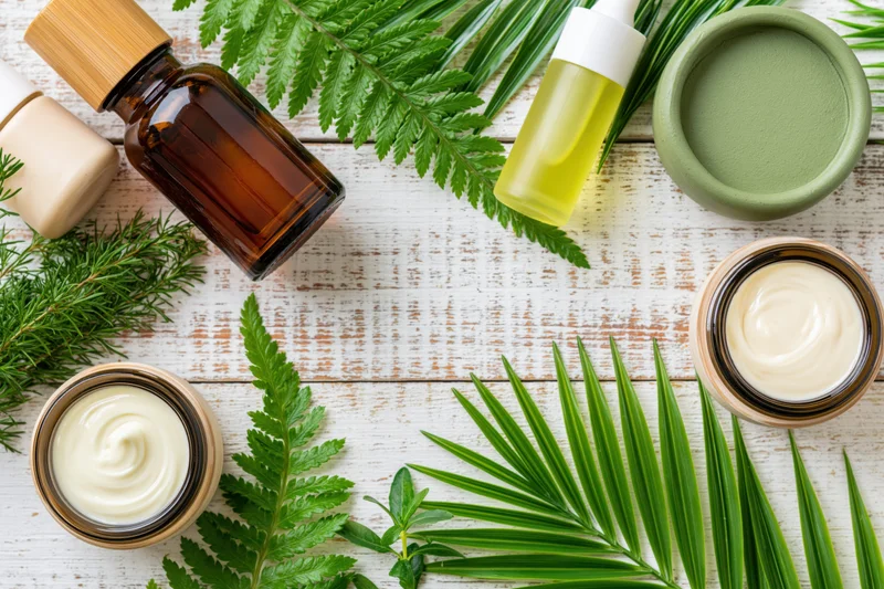 Natural skincare products arranged with green leaves on a white wooden surface