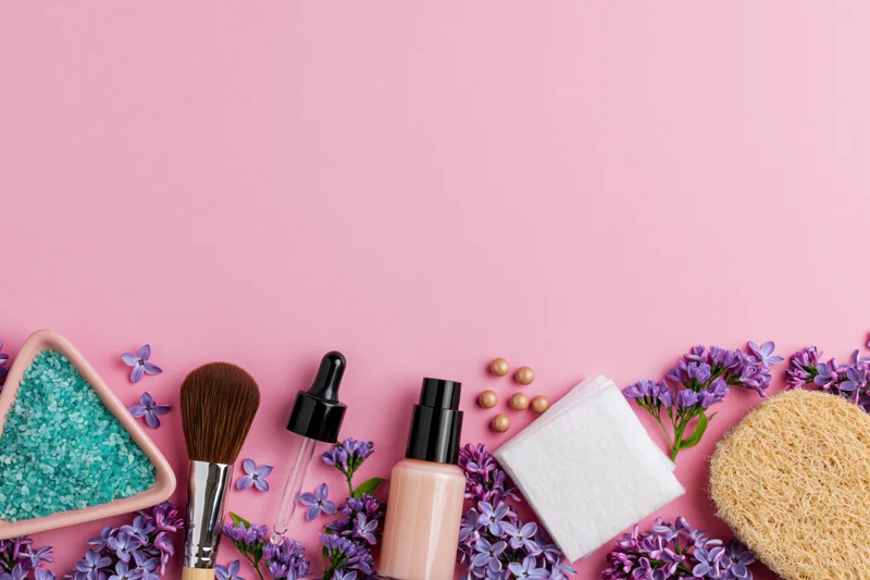 Skincare and beauty products arranged with lilac flowers on a pink background