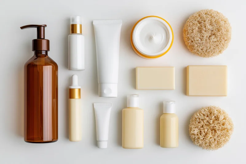 Skincare and body care products arranged in a flat lay on a white surface