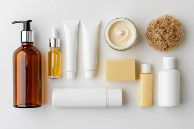 Flat lay of skincare and body care products arranged on white surface