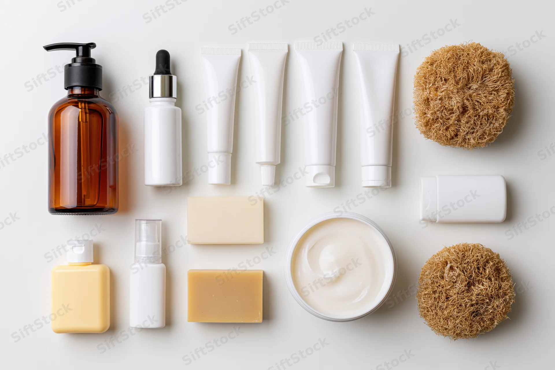 Skincare and body care products arranged in a flat lay on a white surface