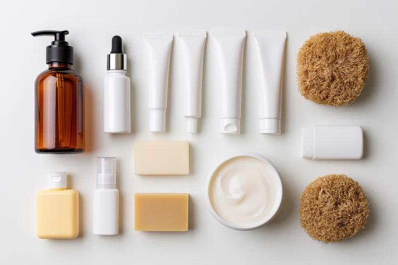 Skincare and body care products arranged in a flat lay on a white surface
