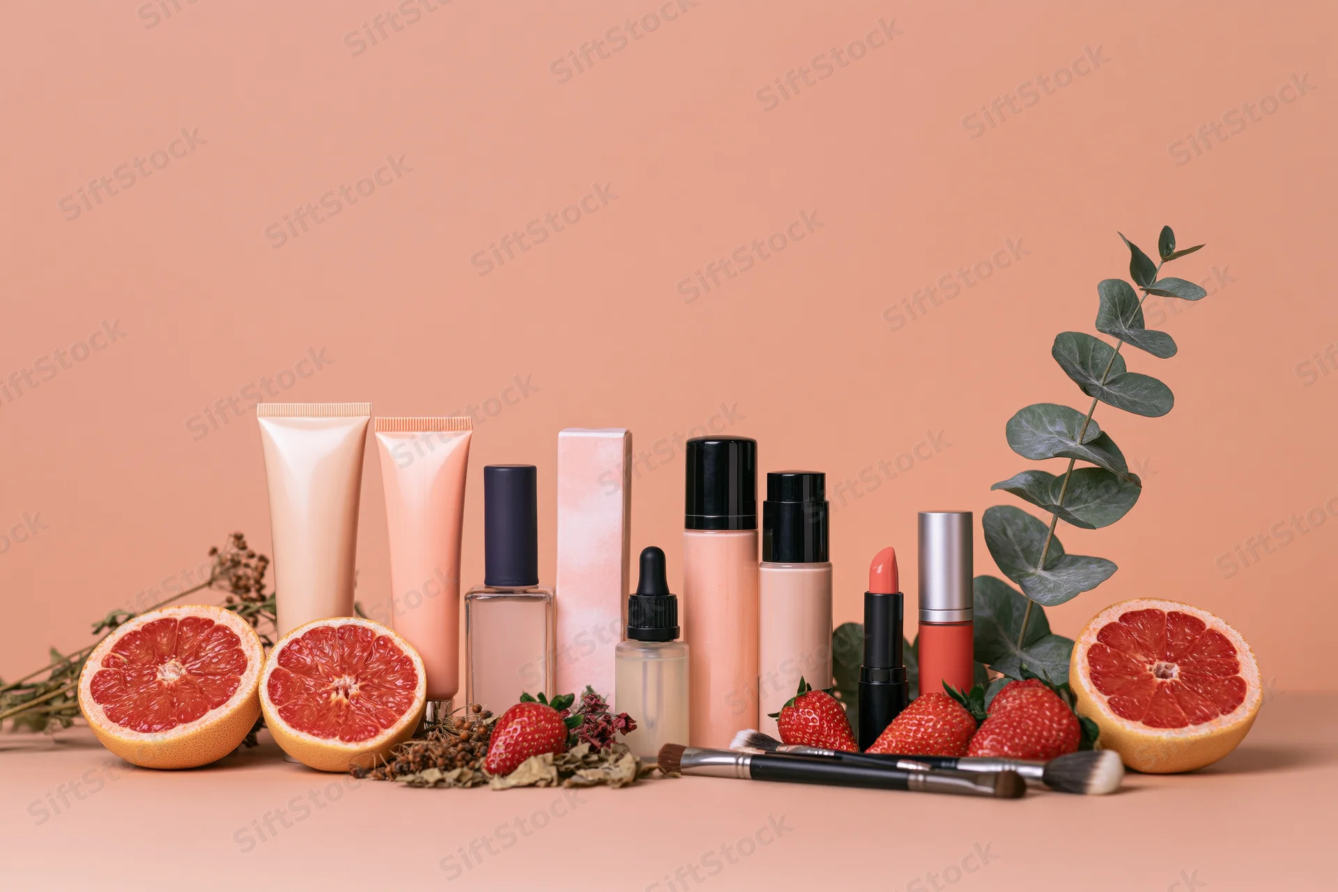 Skincare and makeup products arranged in a row with grapefruit, strawberries, and eucalyptus on a peach background