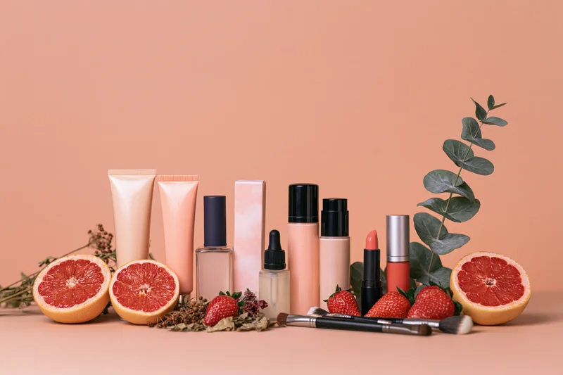 Skincare and makeup products arranged in a row with grapefruit, strawberries, and eucalyptus on a peach background