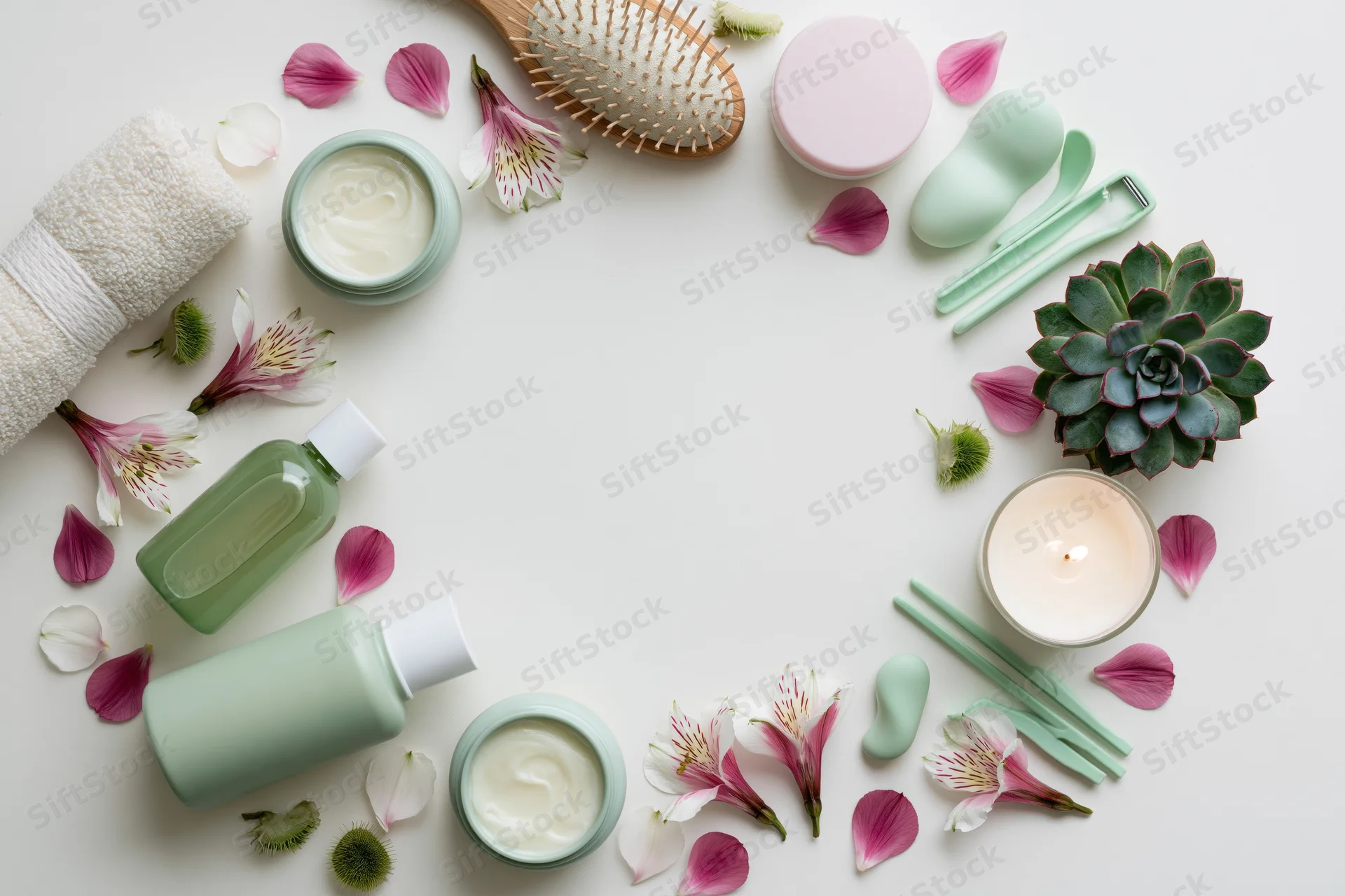 Skincare and spa products arranged in a circular flat lay on white background with flowers and succulent