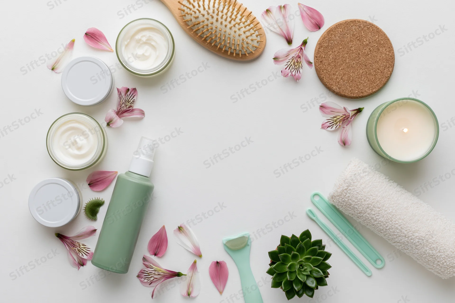 Skincare and spa products arranged in a circular flat lay on white surface with flowers and succulent