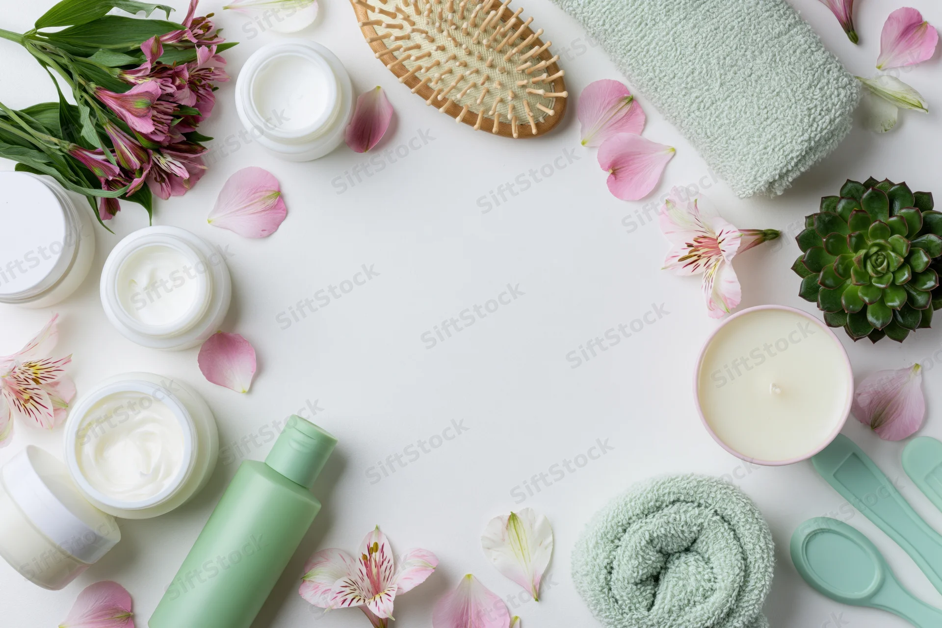 Skincare and spa products arranged in a circular flat lay on white surface with flowers and towels