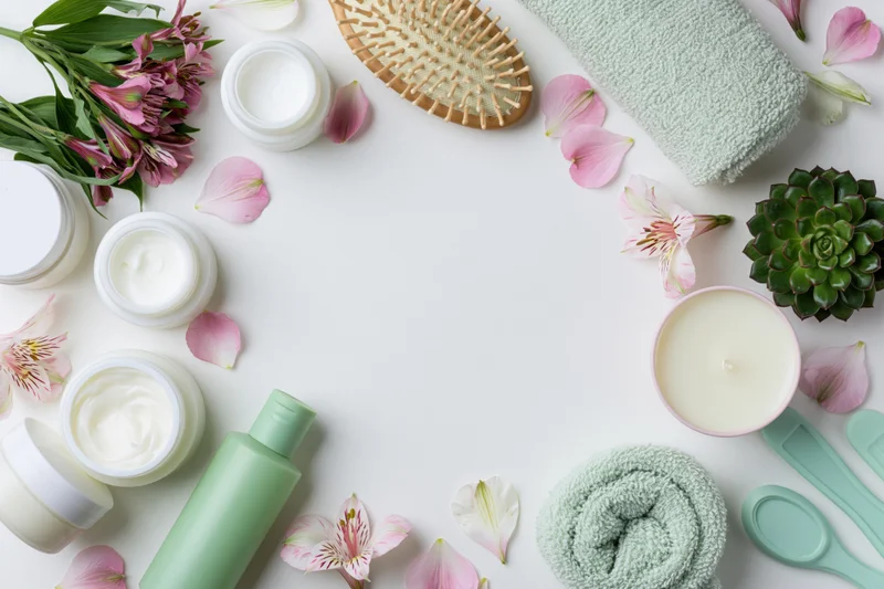 Skincare and spa products arranged in a circular flat lay on white surface with flowers and towels