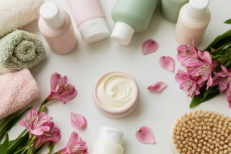 Skincare products and flowers arranged in flat lay on white surface