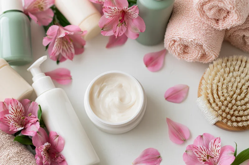 Skincare products and flowers arranged on white surface with towels and brush
