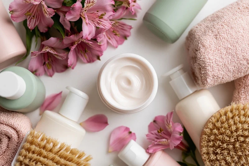 Skincare products and spa accessories arranged with pink flowers on white surface