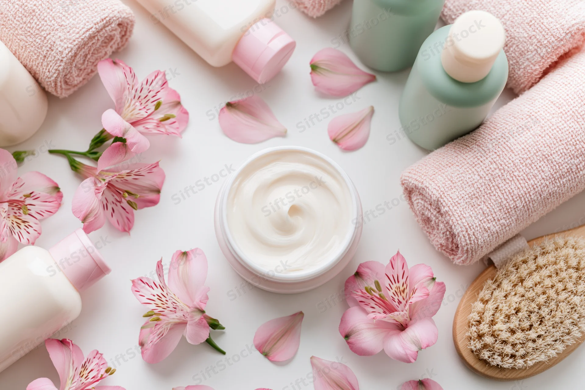 Skincare products and flowers arranged on white surface with towels and brush