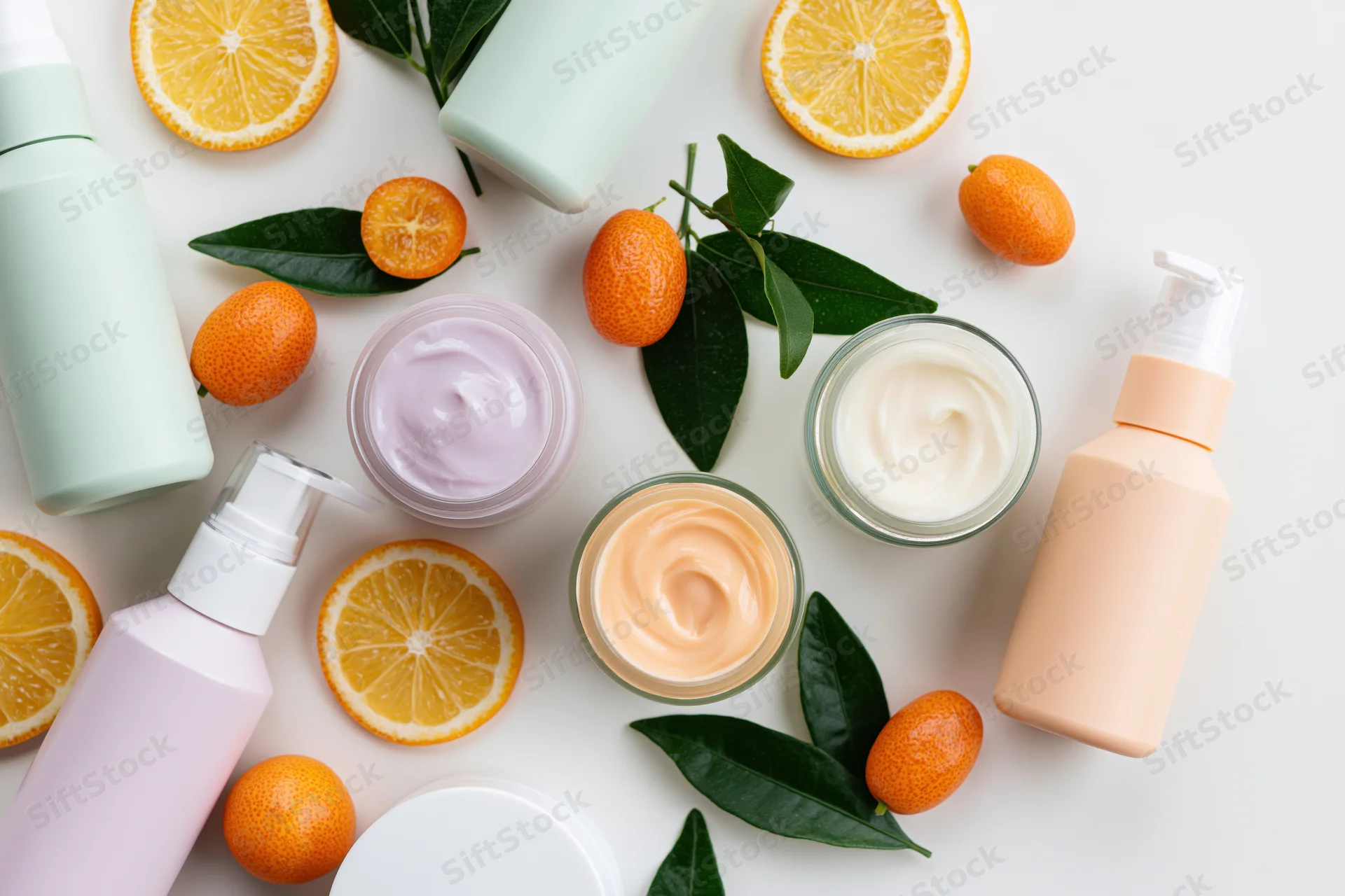 Flat lay of skincare bottles and cream jars with orange slices and leaves on white background