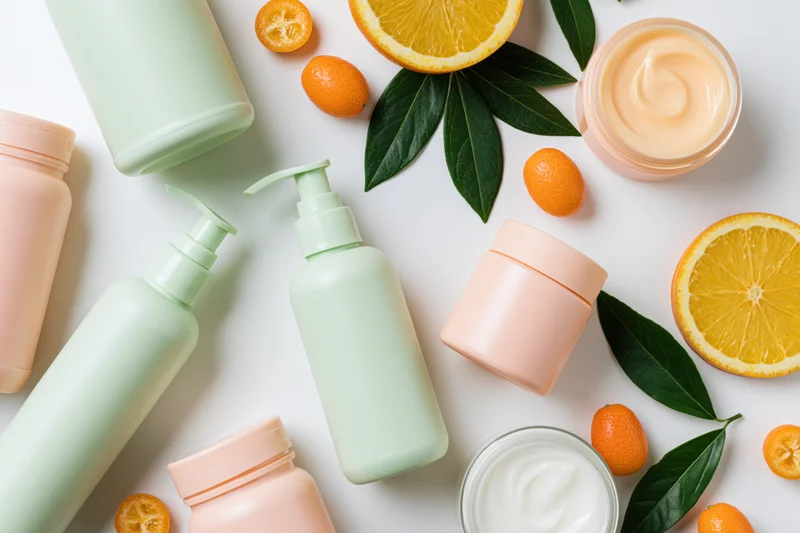 Skincare bottles and cream jars with orange slices and leaves arranged on white surface