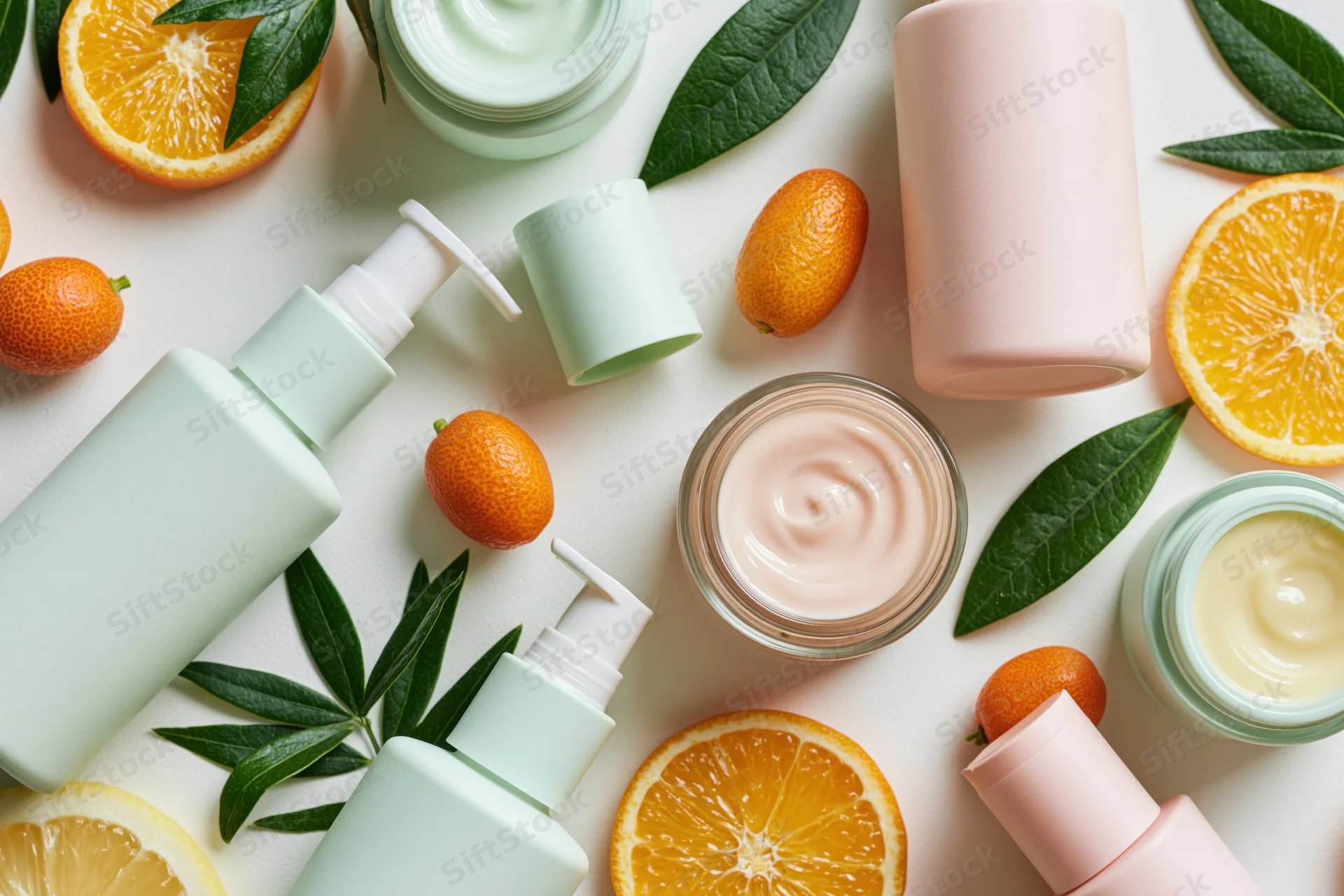 Skincare bottles and cream jars with oranges and leaves arranged in flat lay on white surface