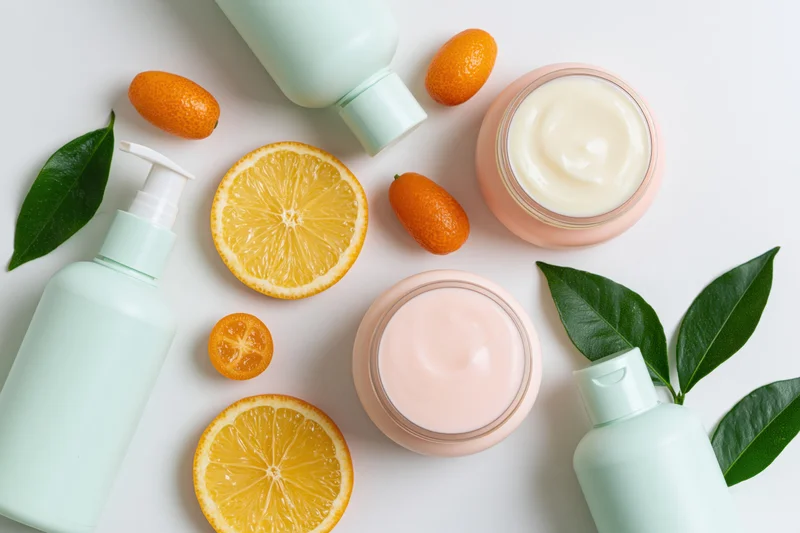 Skincare bottles and cream jars arranged with citrus slices and green leaves on white surface