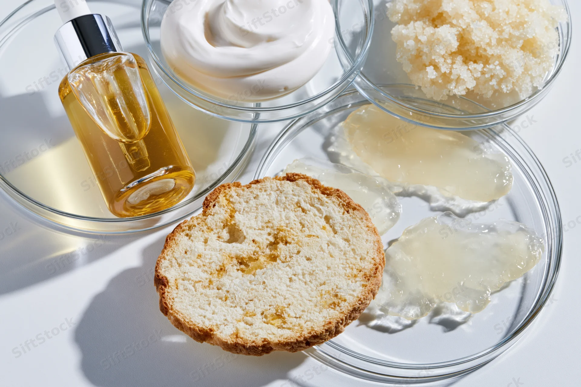 Skincare ingredients arranged in glass petri dishes on white surface