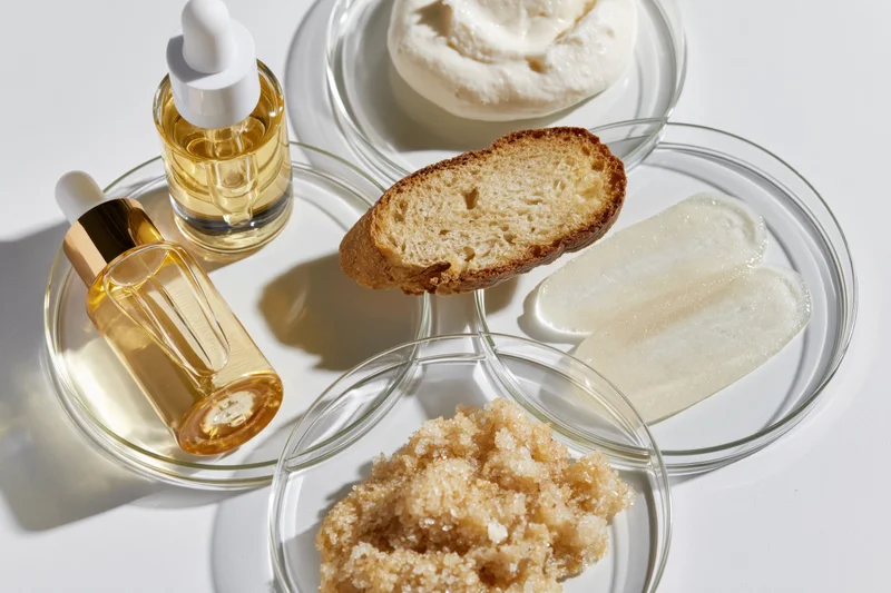 Flat lay of skincare ingredients arranged in glass petri dish