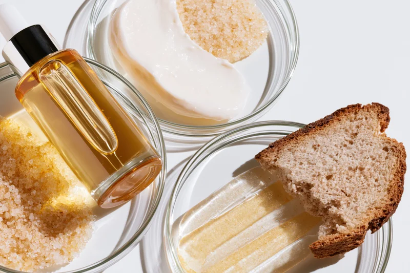 Skincare ingredients arranged in glass petri dishes on white surface