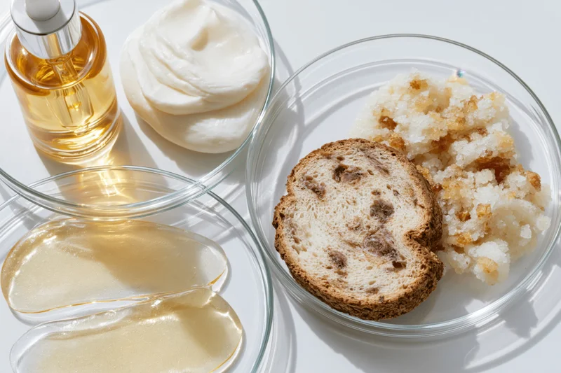 Skincare ingredients arranged in glass petri dishes on white surface