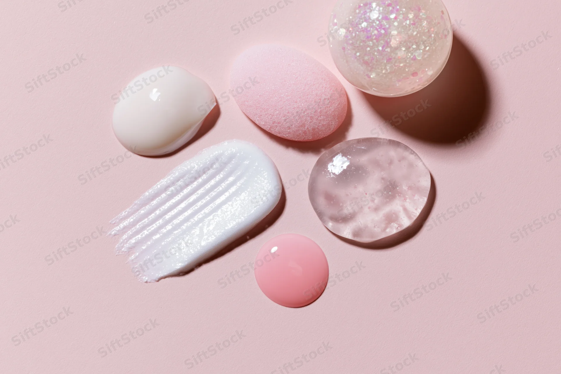 Skincare product swatches and dollops arranged on a pale pink surface in a flat lay composition
