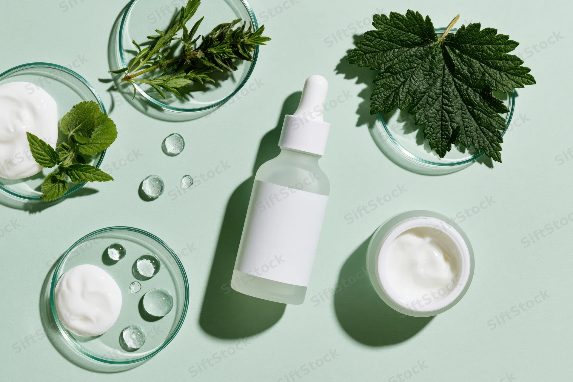 Skincare products and botanical ingredients arranged in a flat lay on a green surface