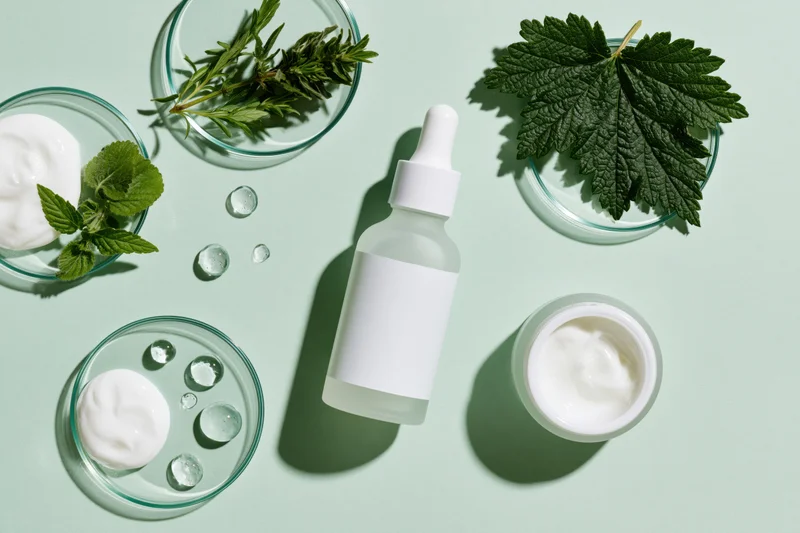 Skincare products and botanical ingredients arranged in a flat lay on a green surface