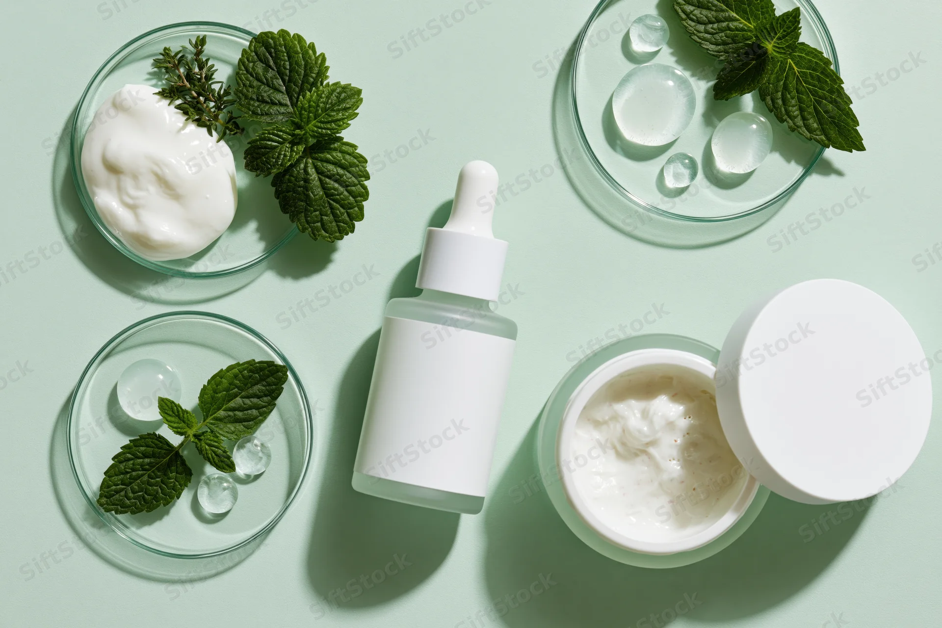 Skincare products and botanical ingredients arranged in a flat lay on a light green surface