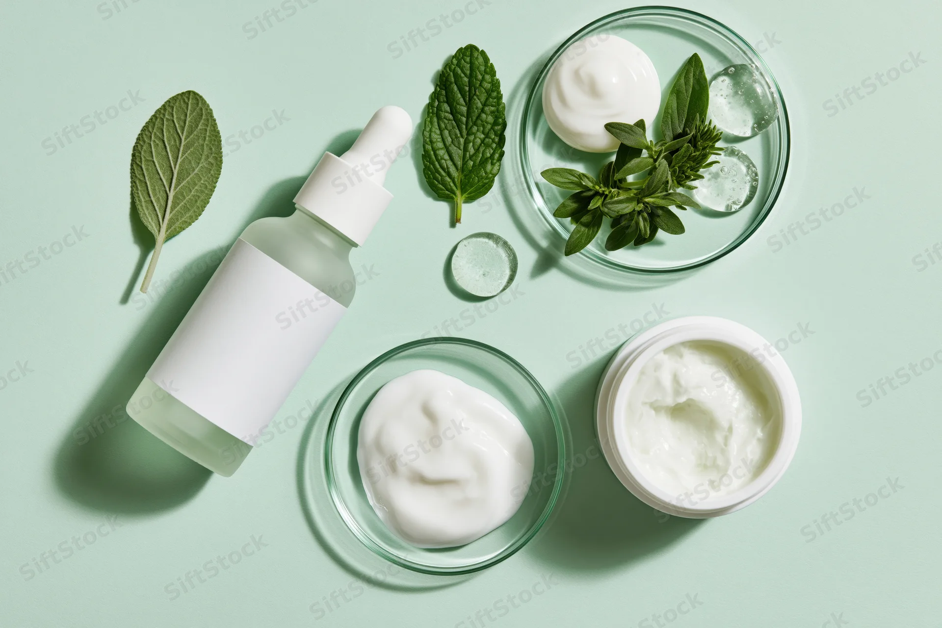 Skincare products and botanical leaves arranged in a flat lay on a mint green background